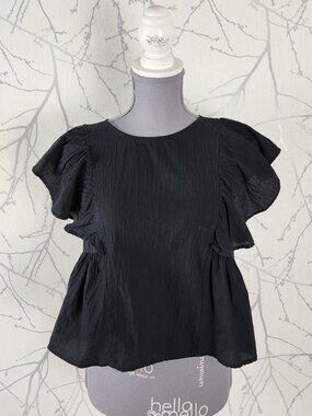Wildfox Black Cotton Crinkle Ruffle Flutter Crop Top